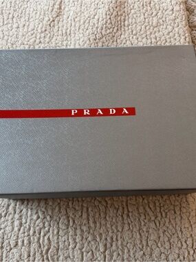 Prada Gray Box with Red Logo Strip